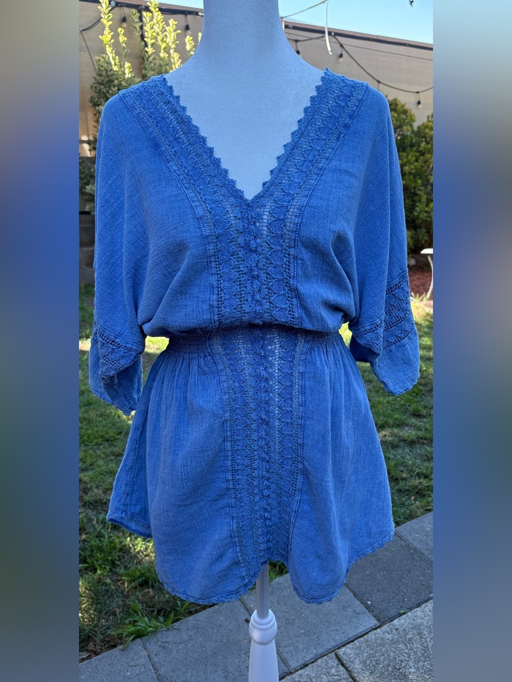Blanco Blue Crochet Trim Boho Tunic Dress Large 100% Cotton Beach Cover Up